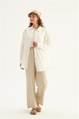 Sedef Düğmeli Keten Gömlek Ekru