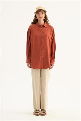 Sedef Düğmeli Keten Gömlek Kiremit