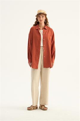 Sedef Düğmeli Keten Gömlek Kiremit