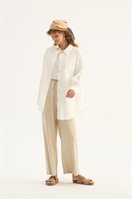 Sedef Düğmeli Keten Gömlek Ekru