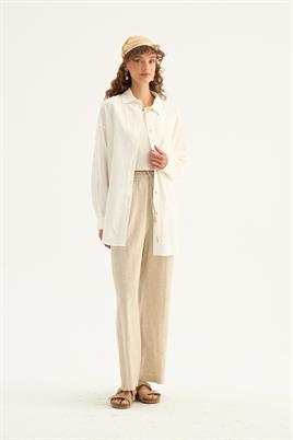 Sedef Düğmeli Keten Gömlek Ekru