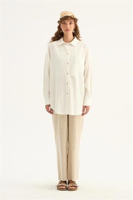 Sedef Düğmeli Keten Gömlek Ekru