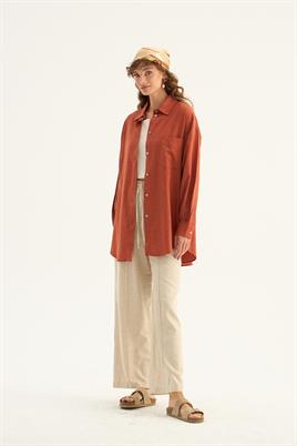 Sedef Düğmeli Keten Gömlek Kiremit