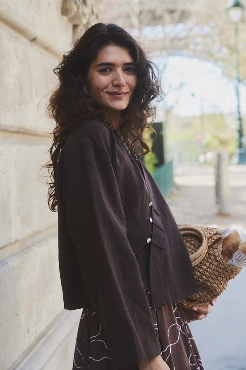 Sedef Düğmeli Keten Kimono Acı kahve