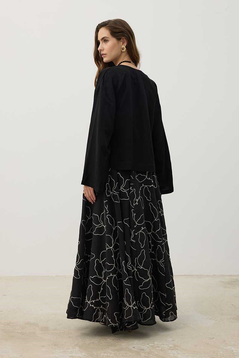 Sedef Düğmeli Keten Kimono Siyah