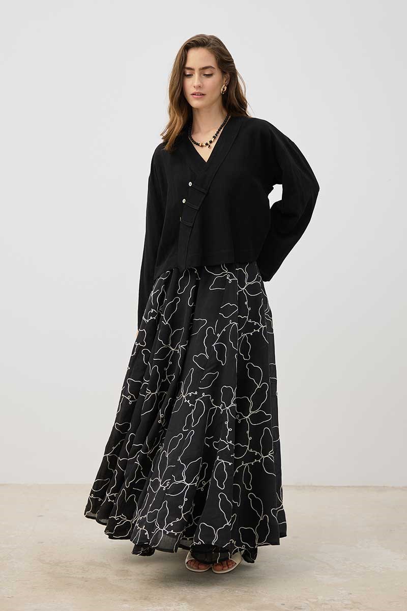 Sedef Düğmeli Keten Kimono Siyah