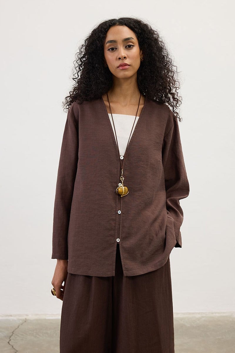 Sedef Düğmeli Kimono Acı kahve