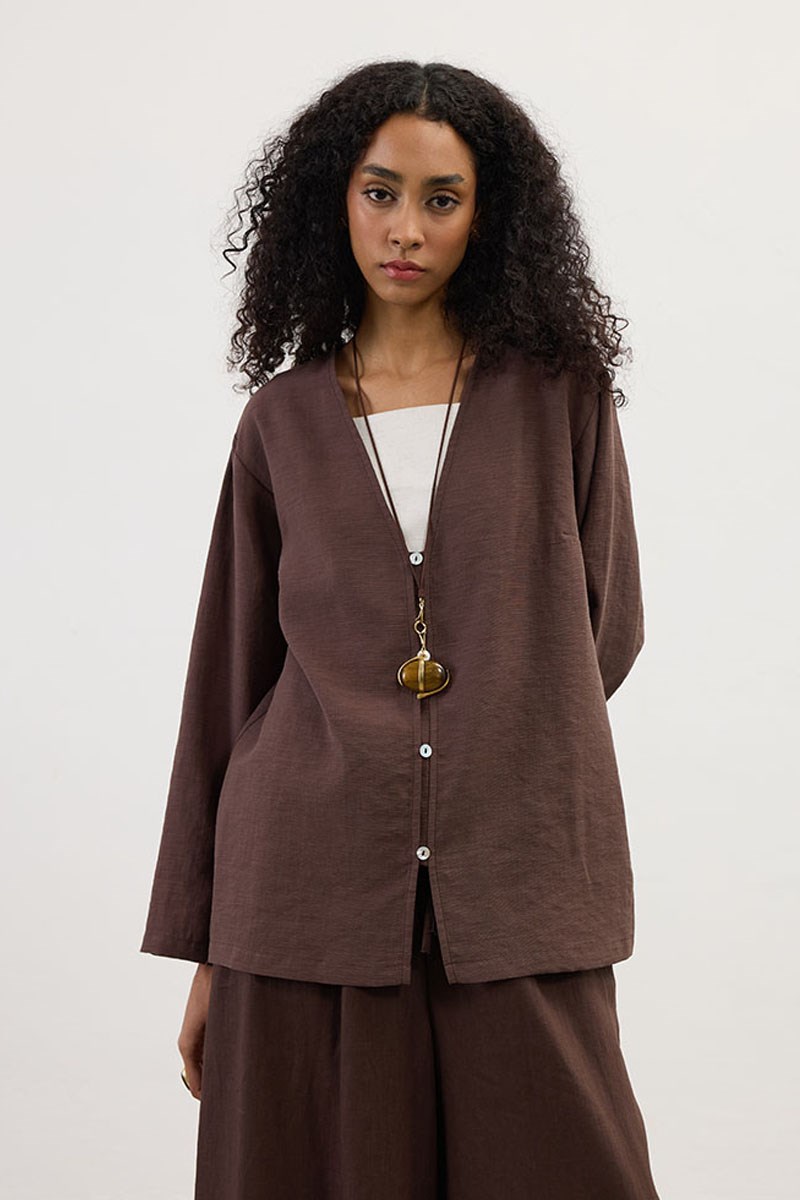 Sedef Düğmeli Kimono Acı kahve