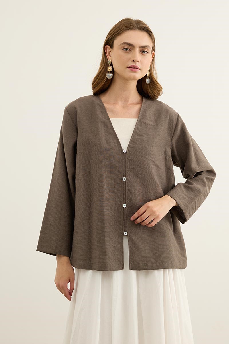 Sedef Düğmeli Kimono Koyu Vizon