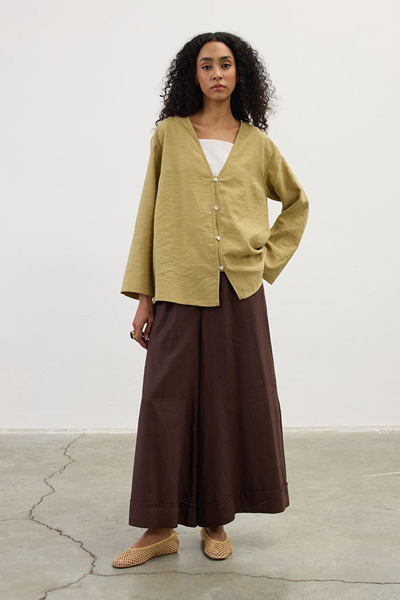 Sedef Düğmeli Kimono Zeytin Yeşili