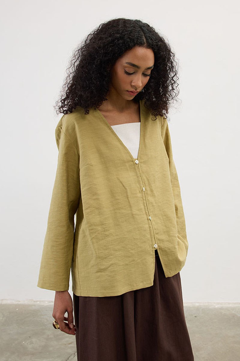 Sedef Düğmeli Kimono Zeytin Yeşili