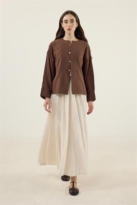 Sedef Düğmeli Modal Bluz Kahverengi