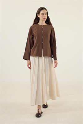 Sedef Düğmeli Modal Bluz Kahverengi