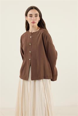 Sedef Düğmeli Modal Bluz Kahverengi