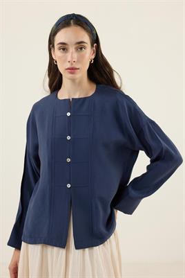 Sedef Düğmeli Modal Bluz Lacivert