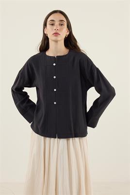 Sedef Düğmeli Modal Bluz Siyah