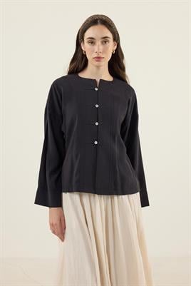 Sedef Düğmeli Modal Bluz Siyah