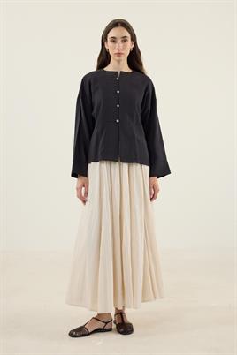 Sedef Düğmeli Modal Bluz Siyah