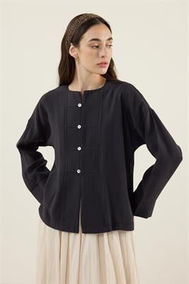 Sedef Düğmeli Modal Bluz Siyah