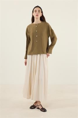 Sedef Düğmeli Modal Bluz Zeytin Yeşili