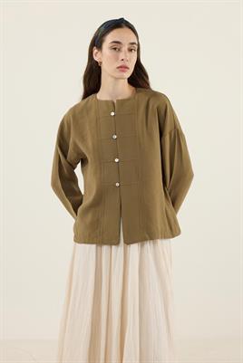 Sedef Düğmeli Modal Bluz Zeytin Yeşili