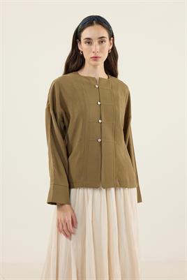 Sedef Düğmeli Modal Bluz Zeytin Yeşili