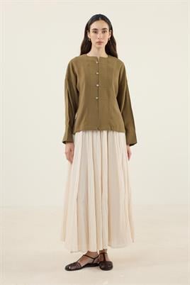 Sedef Düğmeli Modal Bluz Zeytin Yeşili