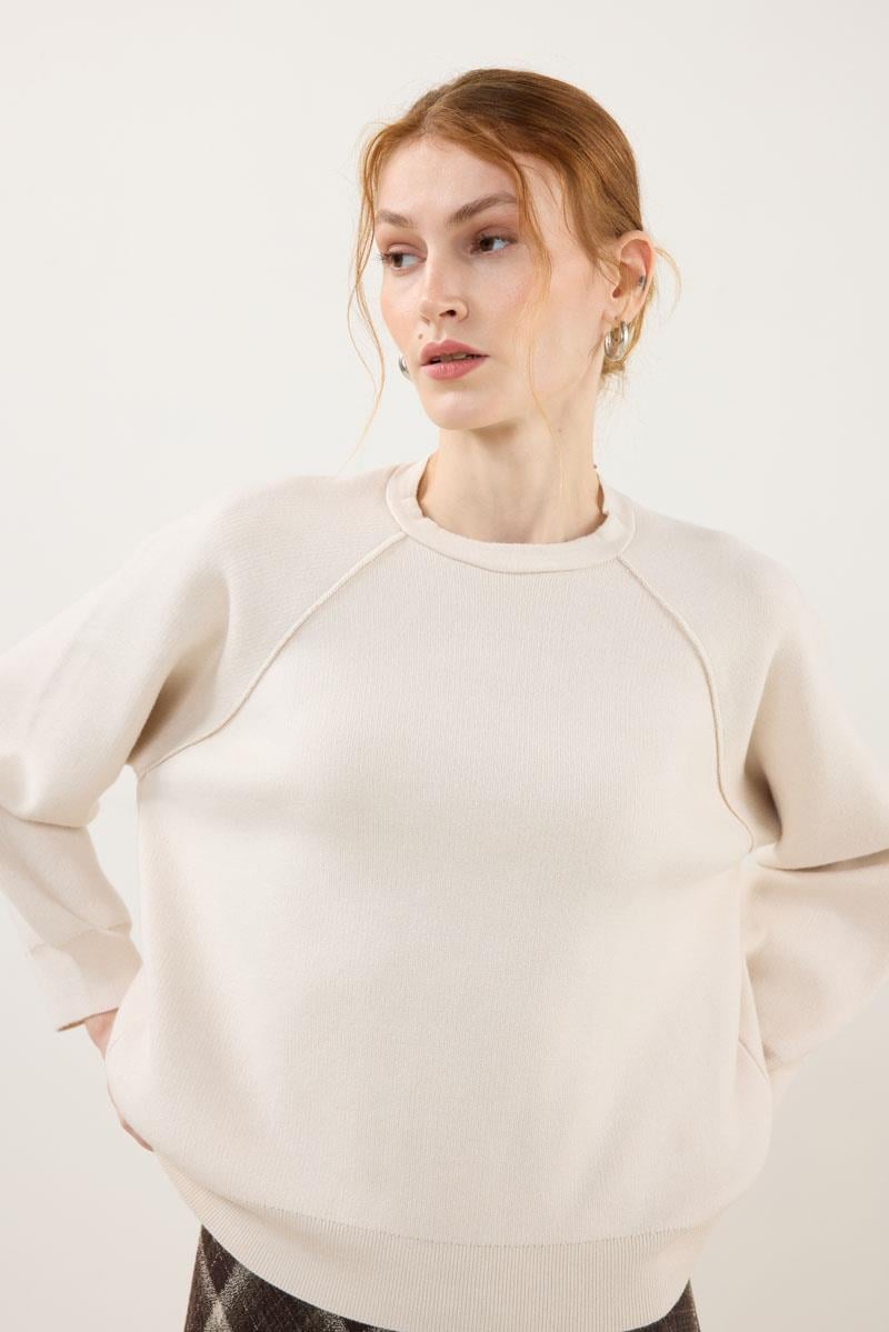 Sıkı Örme Triko Kazak Krem