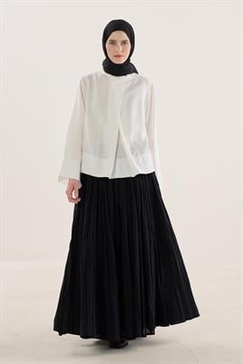 Siyah Pamuk Vual Crush Etek, Ekru Bluz, Siyah Şal Hazır Kombin