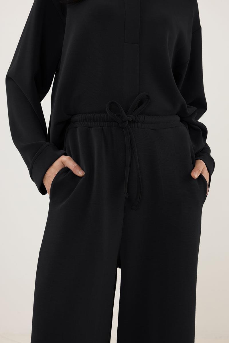 Siyah Sweatshirt Bağcıklı Eşofman Takım