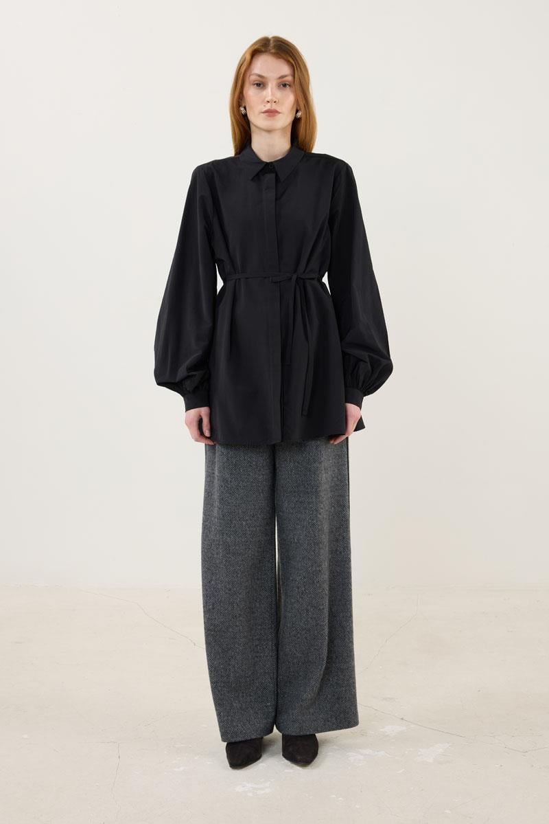 Takma Balon Kollu Gömlek Siyah