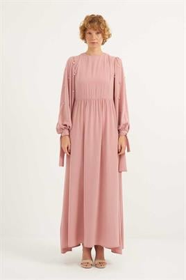 Taş İşlemeli Gece Elbisesi Pudra