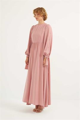 Taş İşlemeli Gece Elbisesi Pudra
