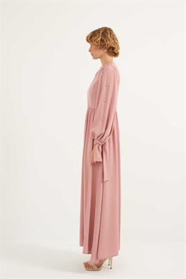 Taş İşlemeli Gece Elbisesi Pudra