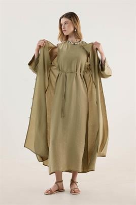Taşlanmış İnce Tensel Abaya Zeytin Yeşili