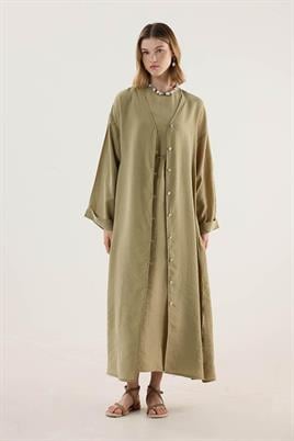 Taşlanmış İnce Tensel Abaya Zeytin Yeşili