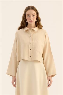 Tek cepli %100 keten gömlek Krem