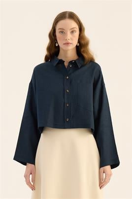 Tek cepli %100 keten gömlek Lacivert