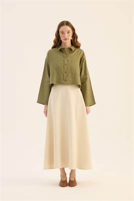 Tek cepli %100 keten gömlek Haki