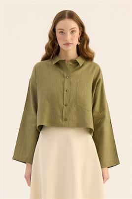 Tek cepli %100 keten gömlek Haki