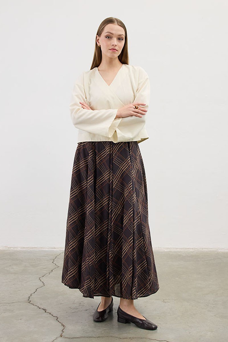 Tensel Şifon Ekoseli Etek Acı kahve