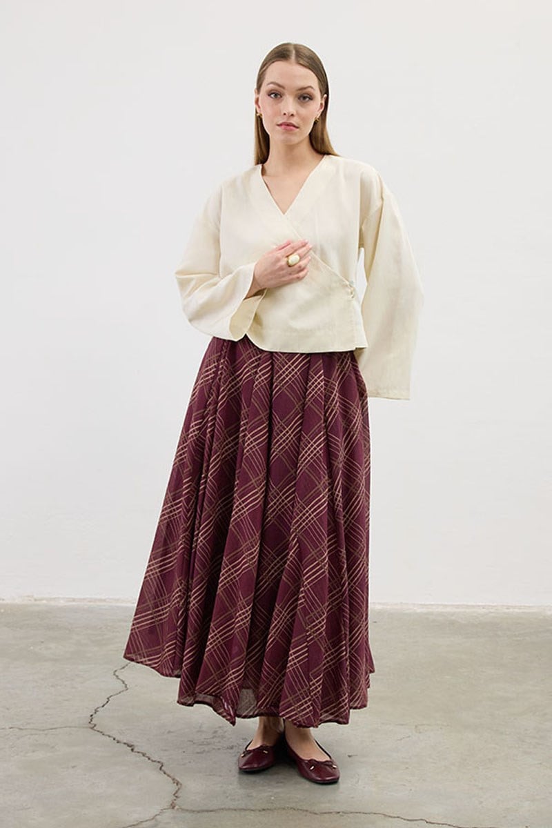 Tensel Şifon Ekoseli Etek Bordo