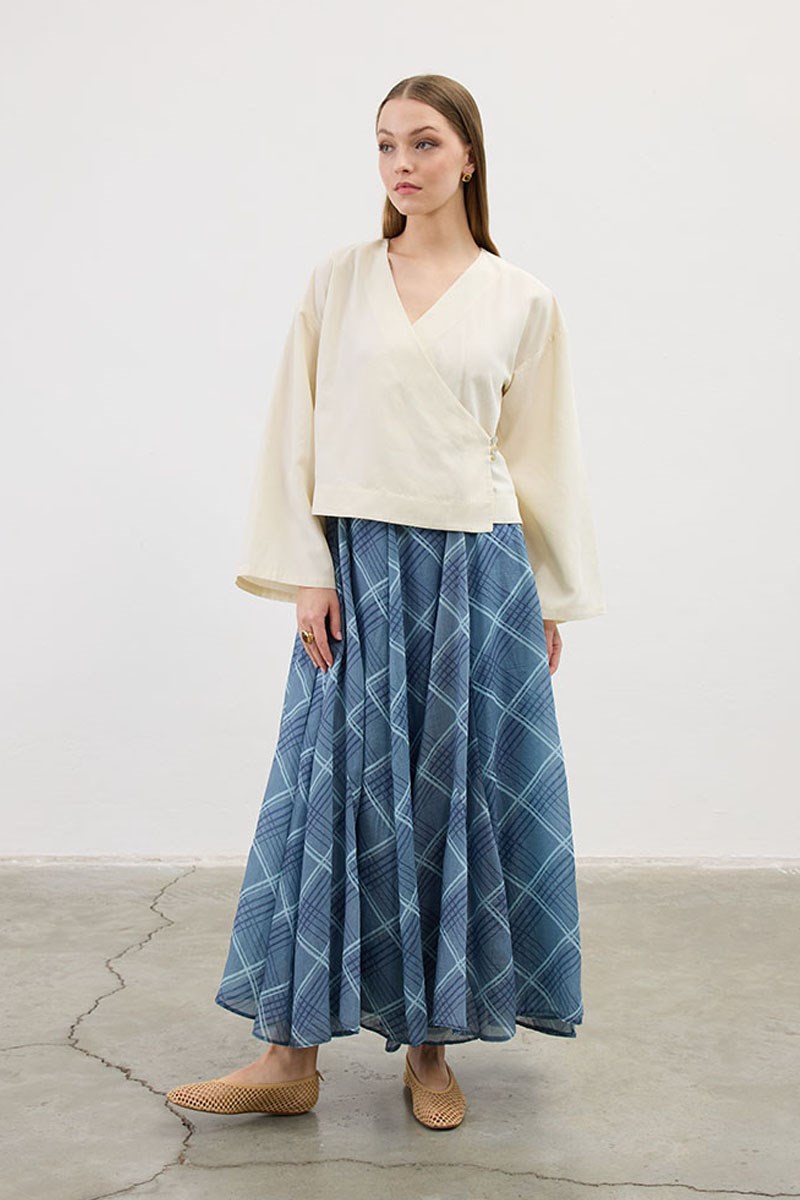 Tensel Şifon Ekoseli Etek Mavi