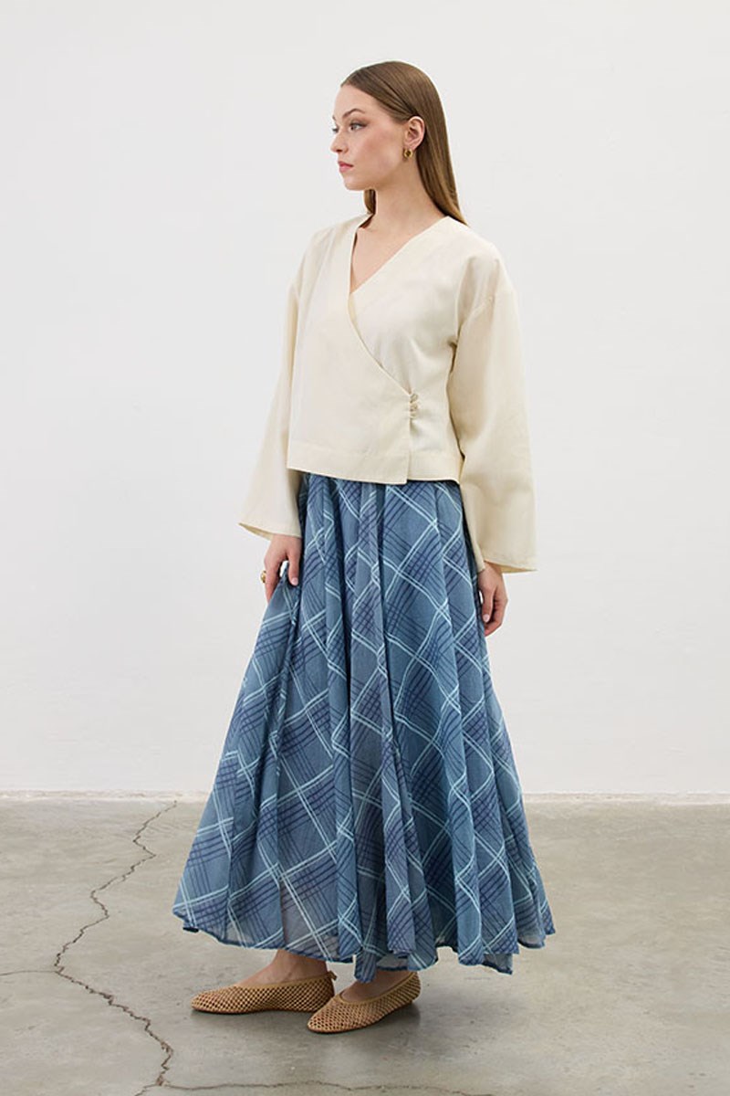 Tensel Şifon Ekoseli Etek Mavi