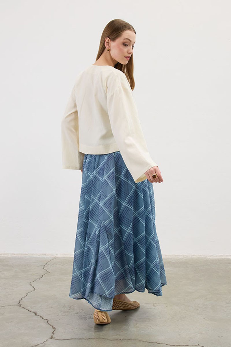 Tensel Şifon Ekoseli Etek Mavi