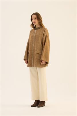 Tüylü Balıksırtı Desen Ceket Camel