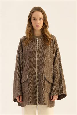 Tüylü Balıksırtı Desen Ceket Kahverengi