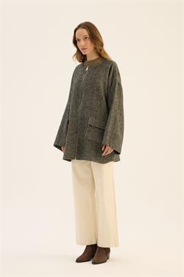 Tüylü Balıksırtı Desen Ceket Siyah