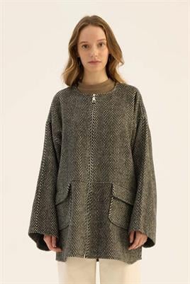 Tüylü Balıksırtı Desen Ceket Siyah