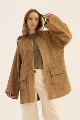 Tüylü Balıksırtı Desen Ceket Camel